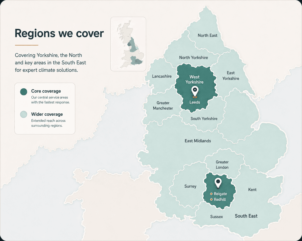 Map of the regions Nexus Air & Climate covers: core coverage in West Yorkshire around Leeds and in the South East around Reigate and Redhill, with wider coverage across Yorkshire, the North and the South East.